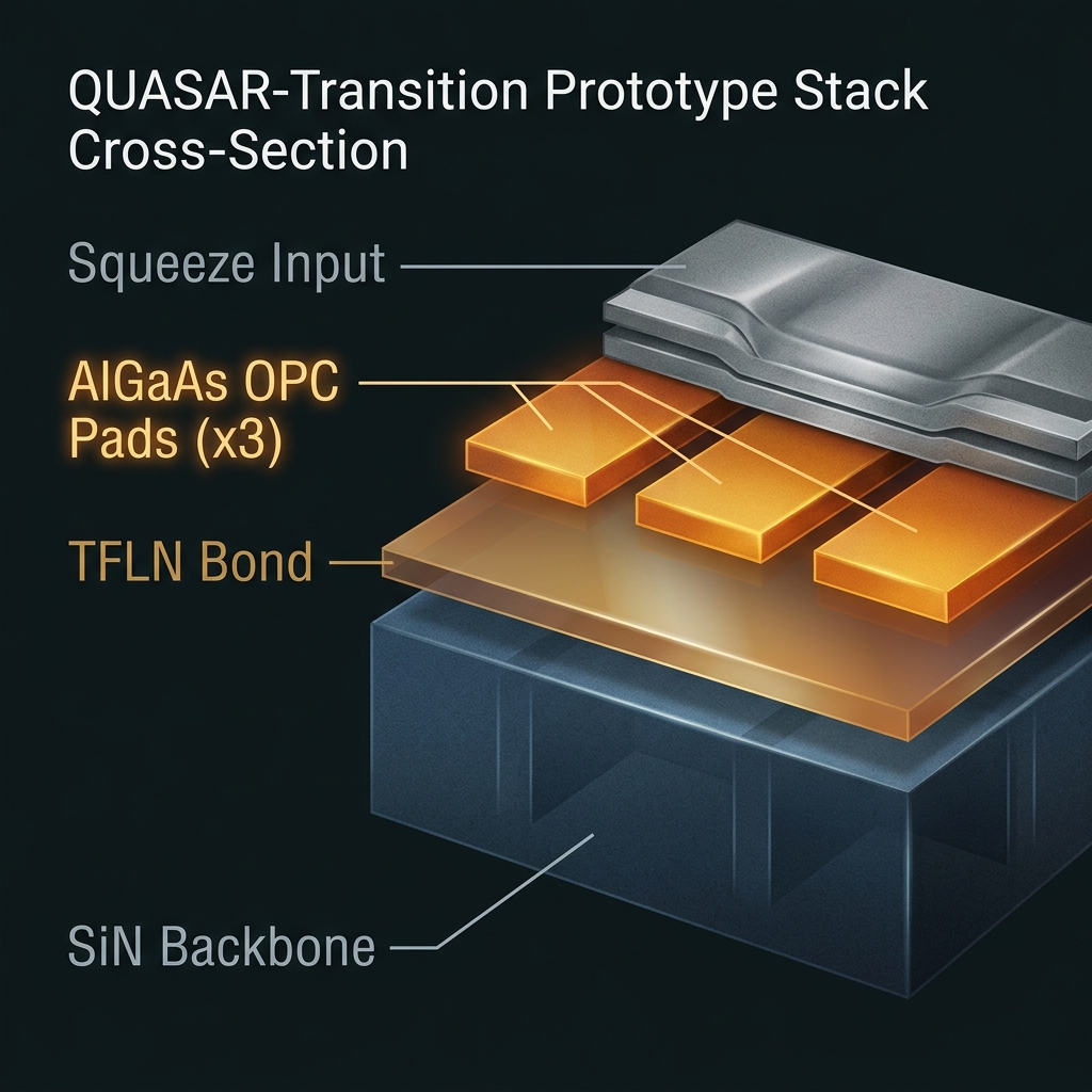 Seven-layer boundary fabrication stack — Si₃N₄ bus, TFLN EOM, AlGaAs OPC overlay, optional squeeze