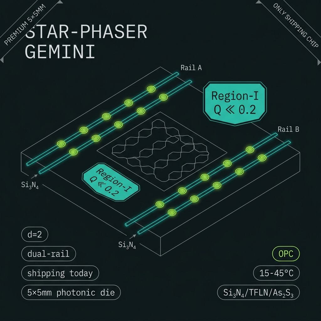 STAR-PHASER GEMINI 5×5 mm die with dual-rail paths and Region I badge