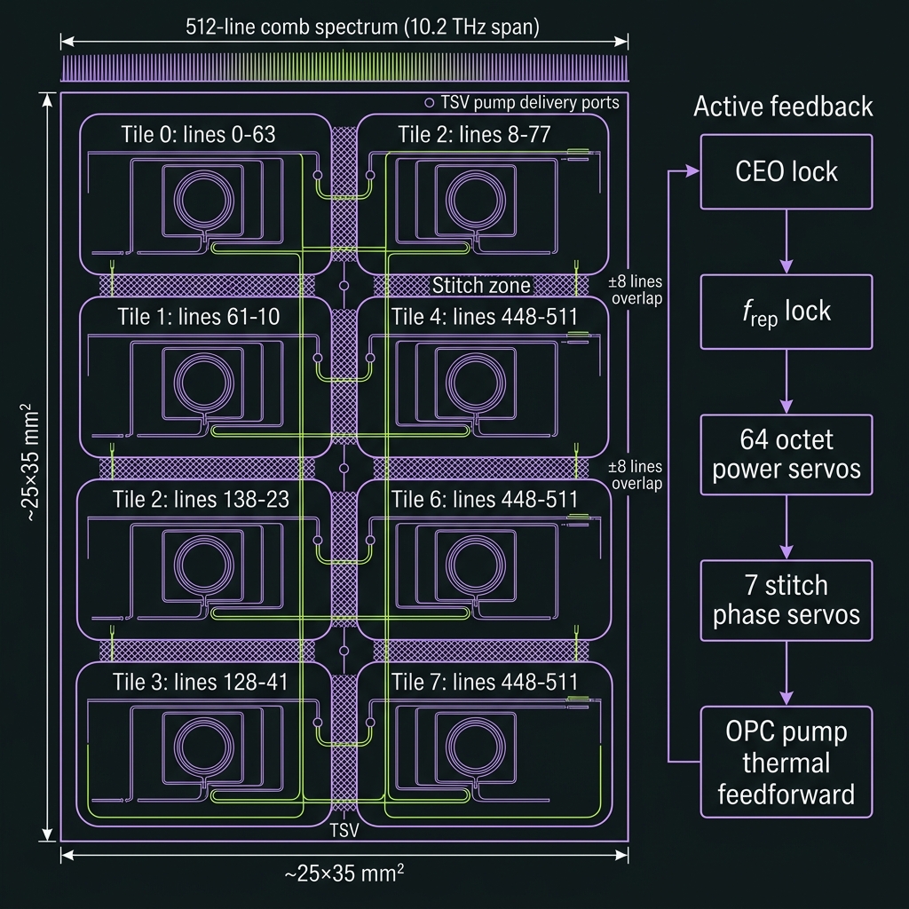LOTUS 8-tile die floorplan with stitch zones, 512-line comb spectrum, and active feedback hierarchy