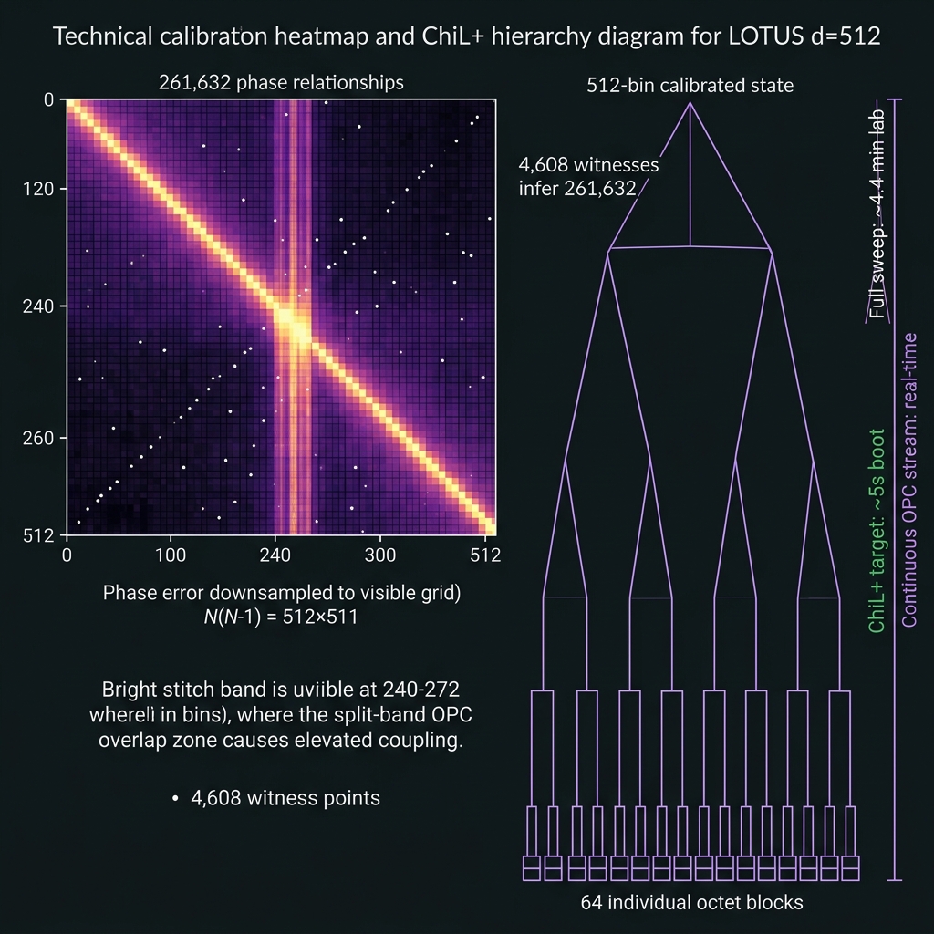 LOTUS 512×512 phase error heatmap with stitch band and ChiL+ binary merge tree calibration hierarchy