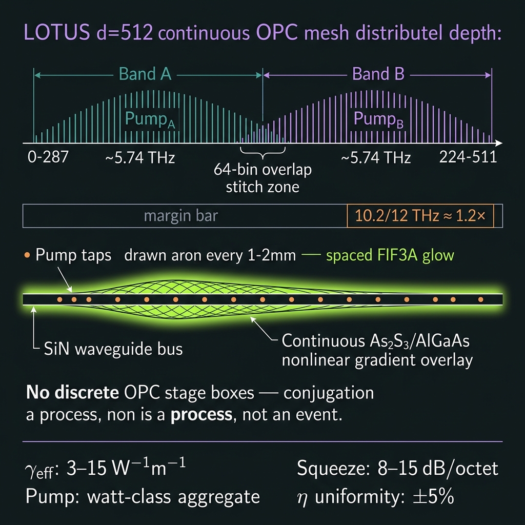 LOTUS distributed continuous OPC mesh with dual pump bands and split-band overlap stitch