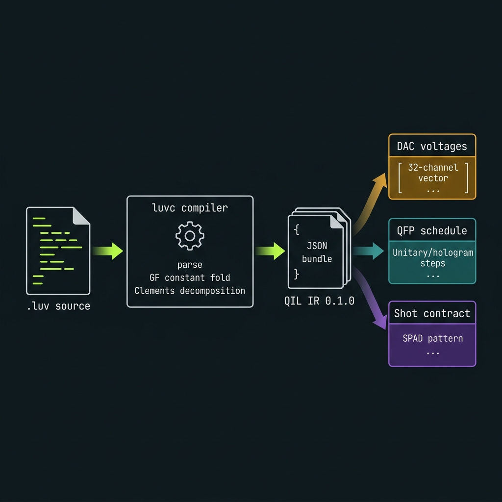 LUV compiler pipeline: .luv source → luvc → QIL IR → DAC voltages, QFP schedule, shot contract