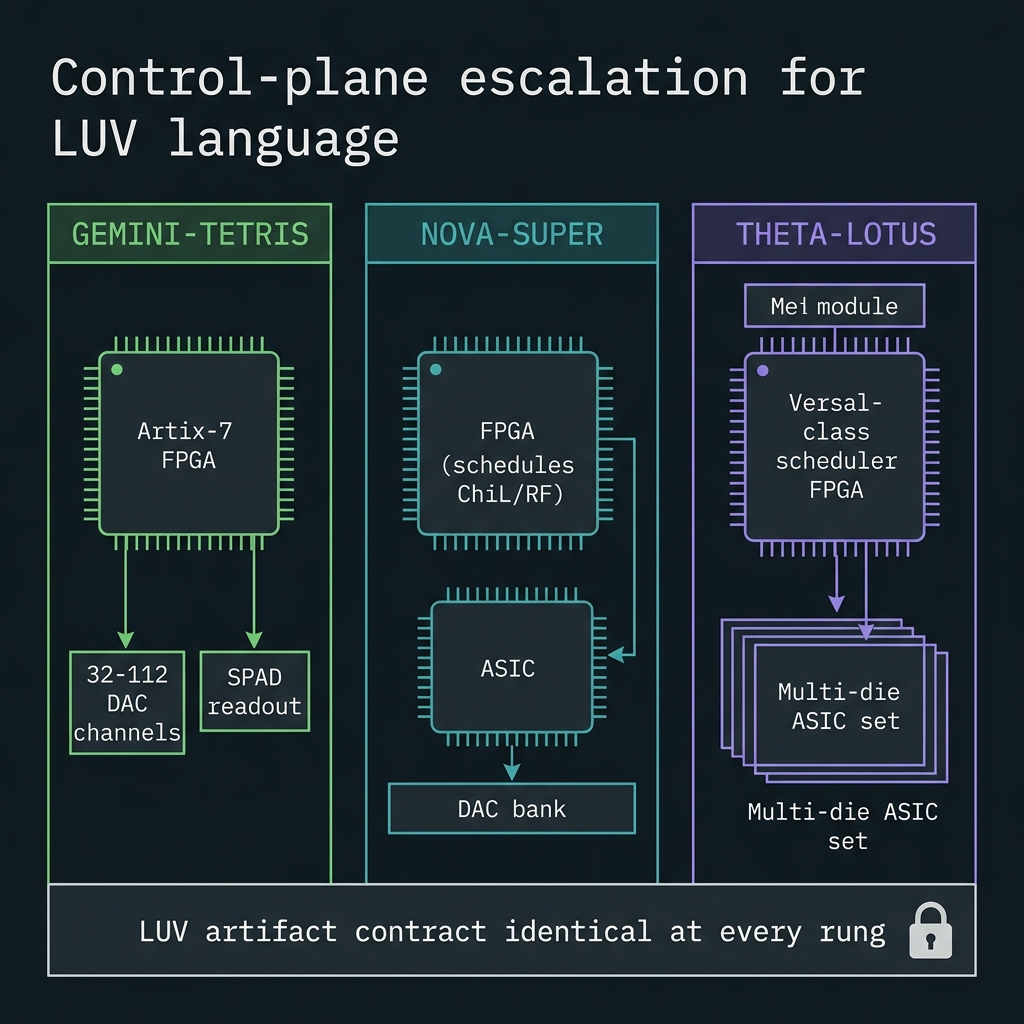 Control-plane escalation: Artix-7 FPGA on GEMINI-TETRIS, FPGA+ASIC on NOVA-SUPER, Versal scheduler on THETA-LOTUS