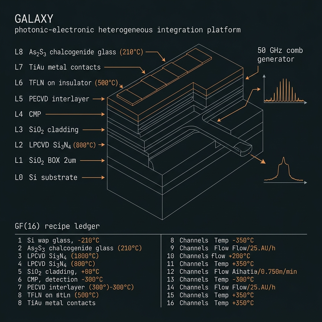 GALAXY Layer-stack recipe ledger — GF(16)=GF(2⁴), d=16, 50 GHz comb