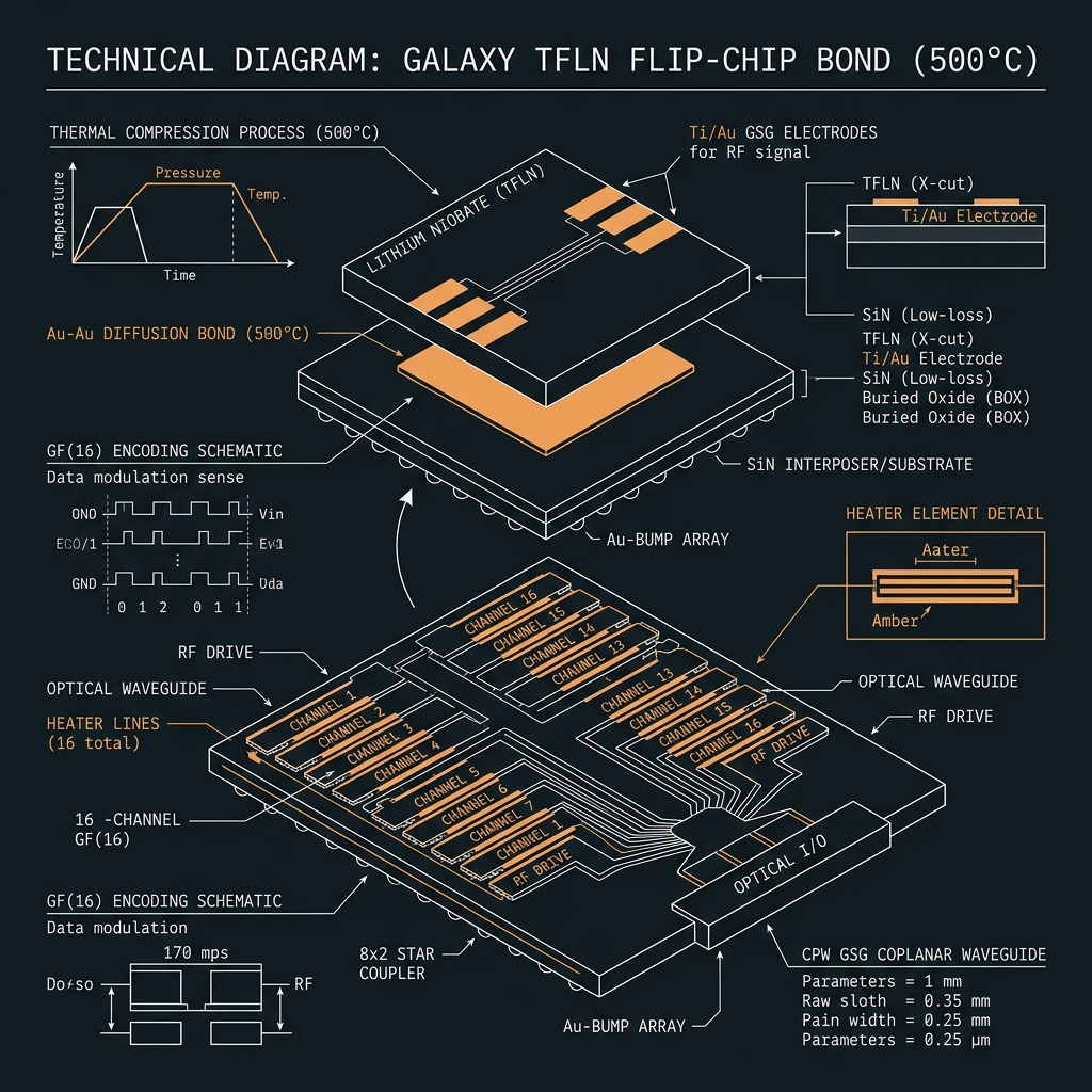 GALAXY TFLN bond & metallization — GF(16)=GF(2⁴), d=16, 50 GHz comb