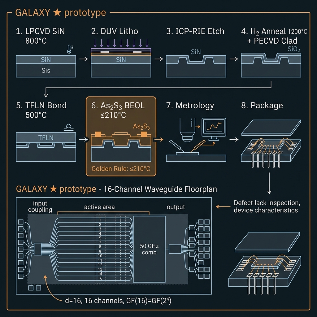 GALAXY Eight-step process traveler hero — GF(16)=GF(2⁴), d=16, 50 GHz comb
