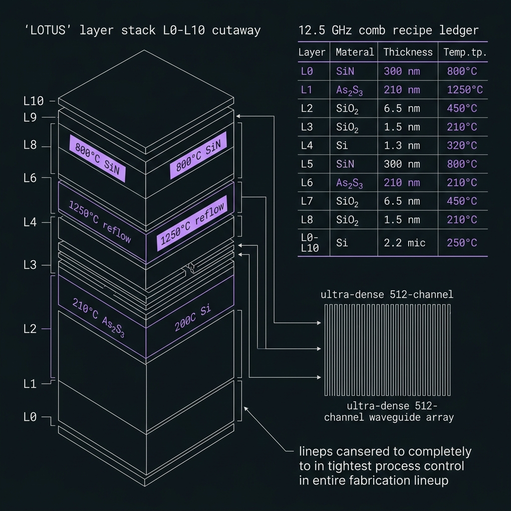 LOTUS Layer-stack recipe ledger — GF(512)=GF(2⁹), d=512, 20 GHz comb