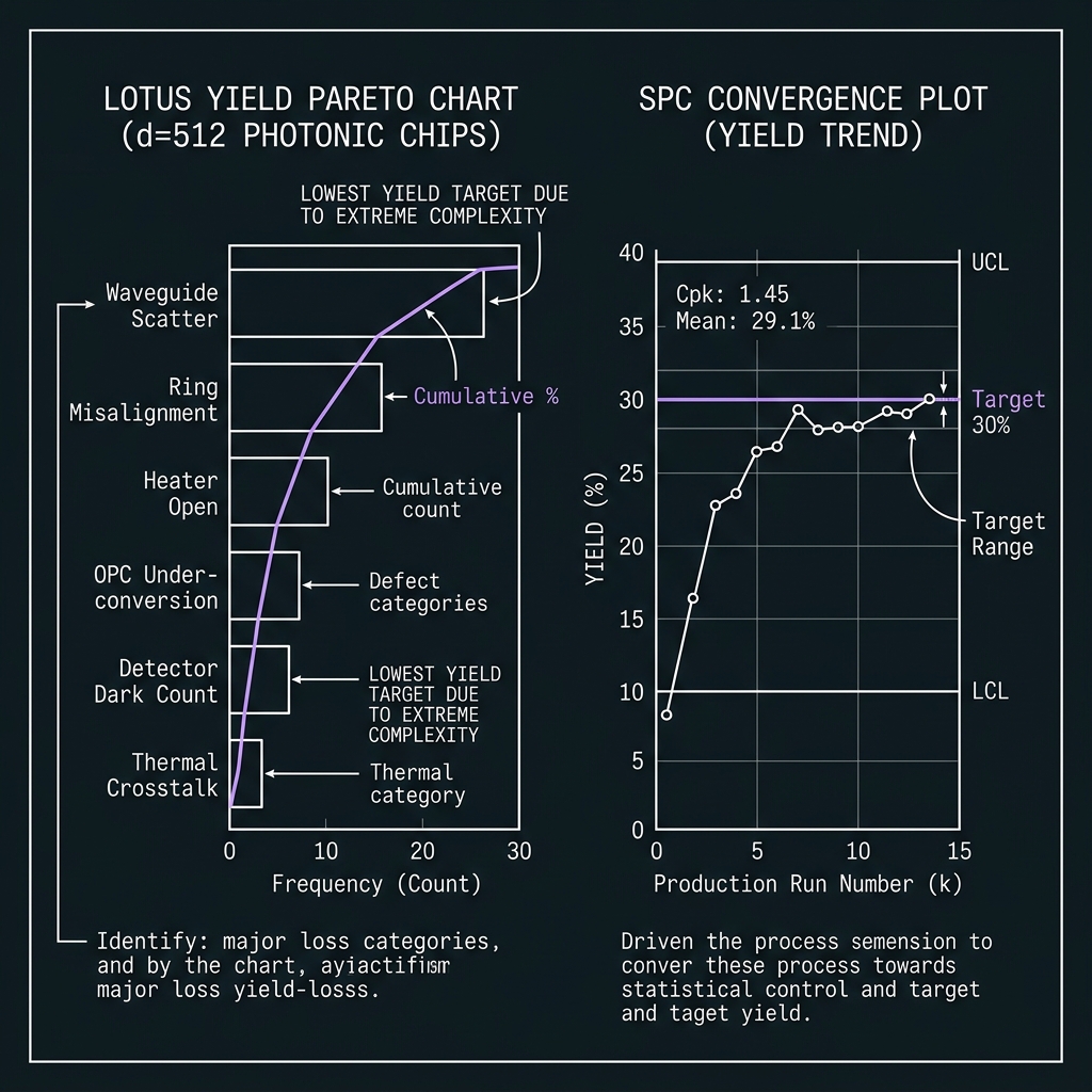 LOTUS Yield engineering Pareto — GF(512)=GF(2⁹), d=512, 20 GHz comb