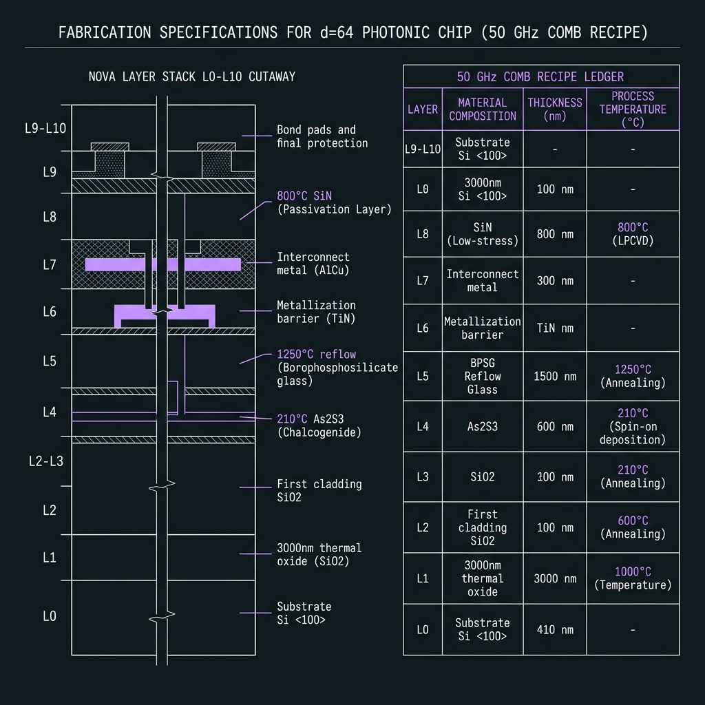 NOVA Layer-stack recipe ledger — GF(64)=GF(2⁶), d=64, 50 GHz comb