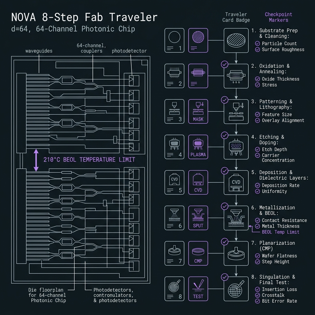 NOVA Eight-step process traveler hero — GF(64)=GF(2⁶), d=64, 50 GHz comb