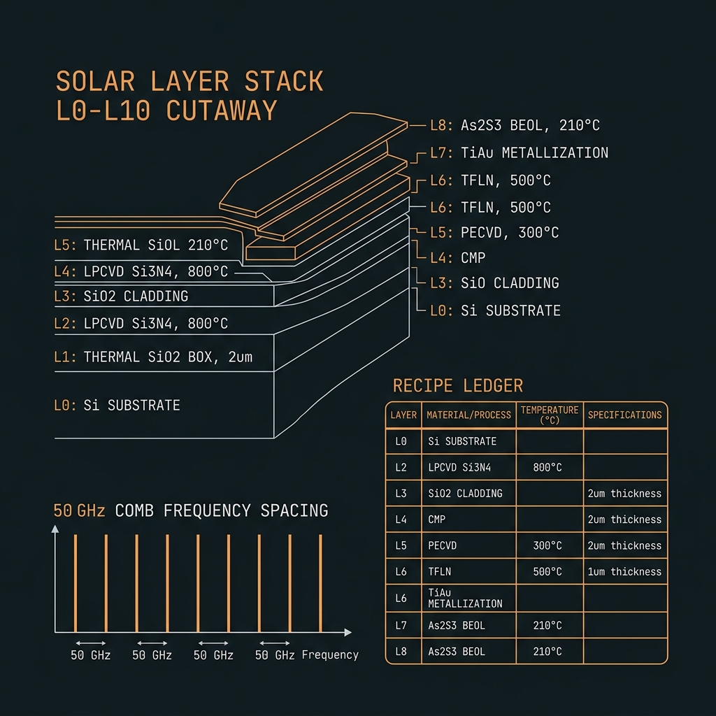 SOLAR Layer-stack recipe ledger — 2×5 composite qudit ℤ₁₀, d=10, 50 GHz comb