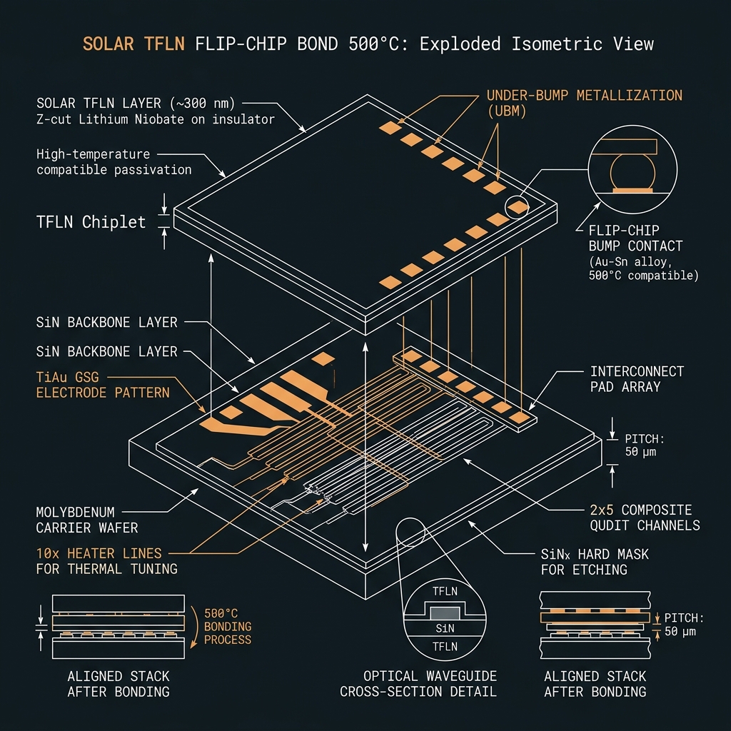 SOLAR TFLN bond & metallization — 2×5 composite qudit ℤ₁₀, d=10, 50 GHz comb