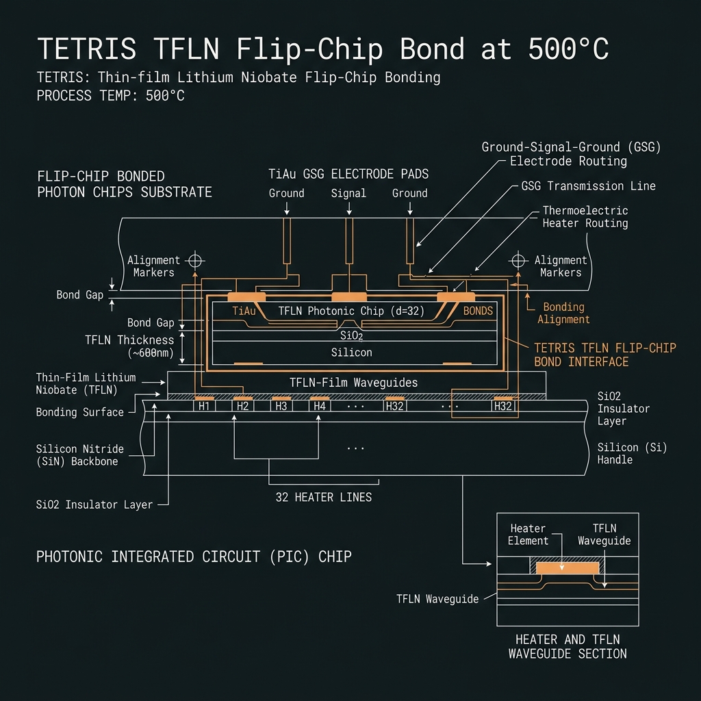 TETRIS TFLN bond & metallization — GF(32)=GF(2⁵), d=32, 50 GHz comb