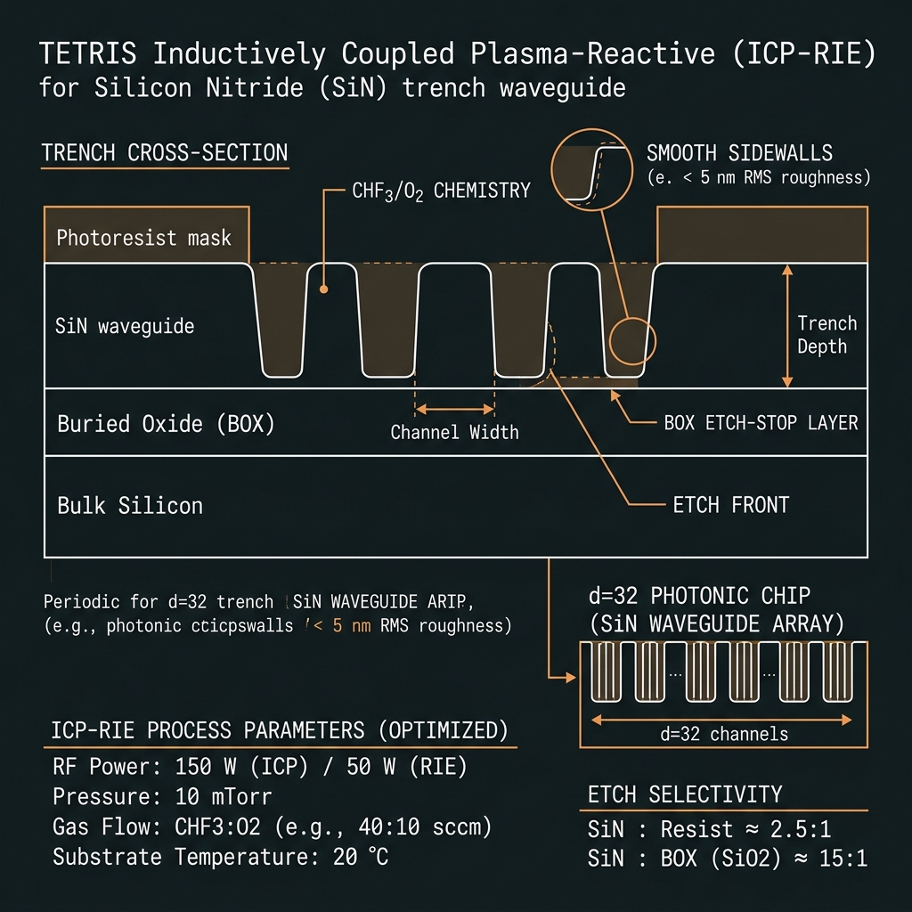 TETRIS ICP-RIE etch & sidewall — GF(32)=GF(2⁵), d=32, 50 GHz comb