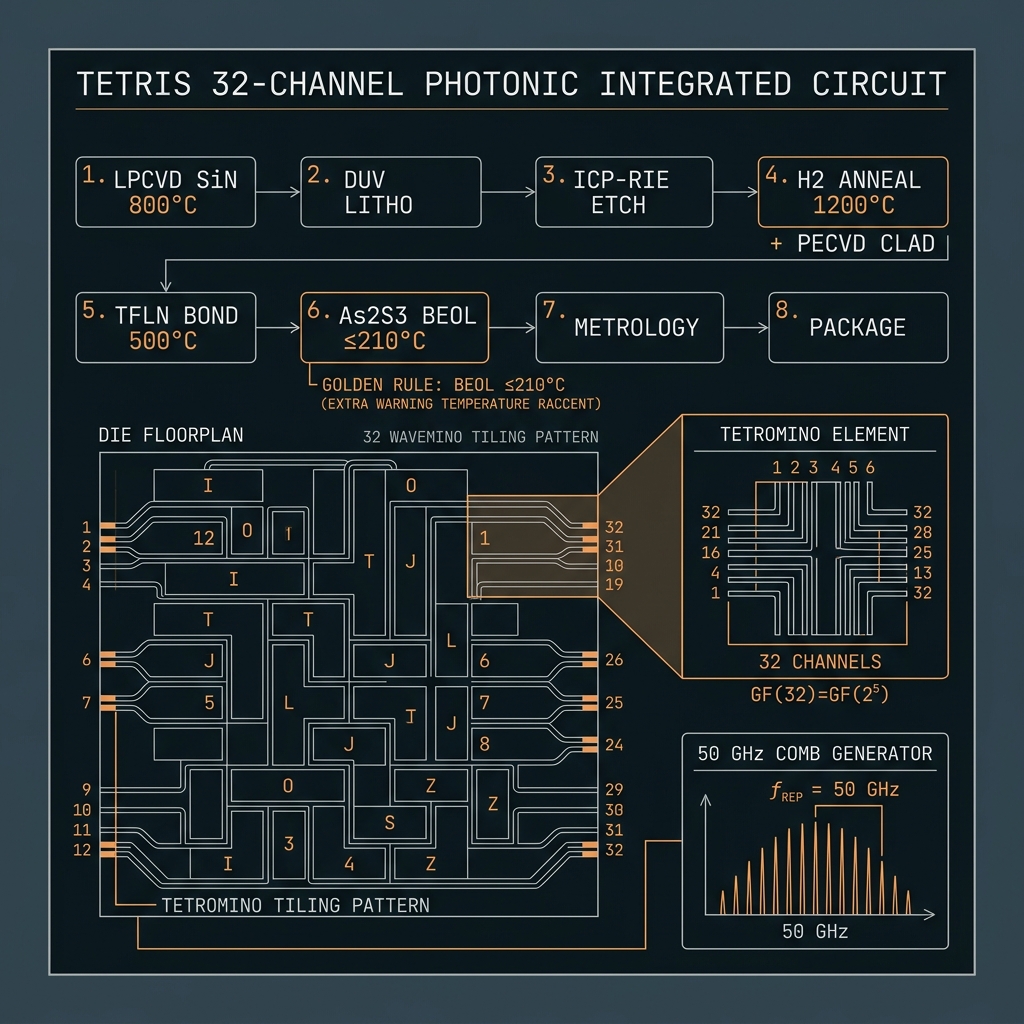TETRIS Eight-step process traveler hero — GF(32)=GF(2⁵), d=32, 50 GHz comb