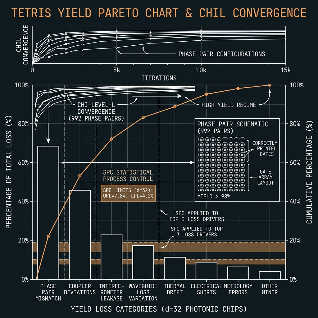 TETRIS Yield engineering Pareto — GF(32)=GF(2⁵), d=32, 50 GHz comb