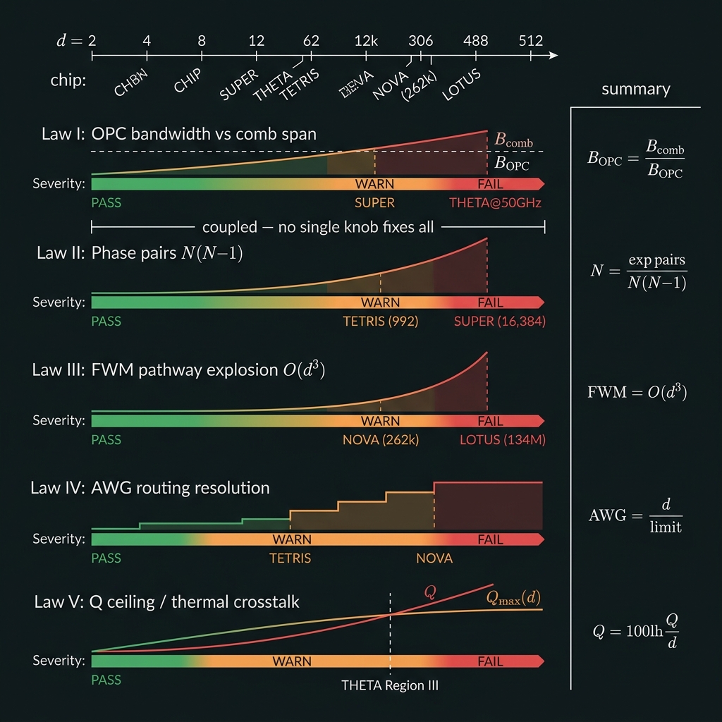Five scaling-law failure mechanisms Laws I–V with PASS/WARN/FAIL severity bars per chip dimension