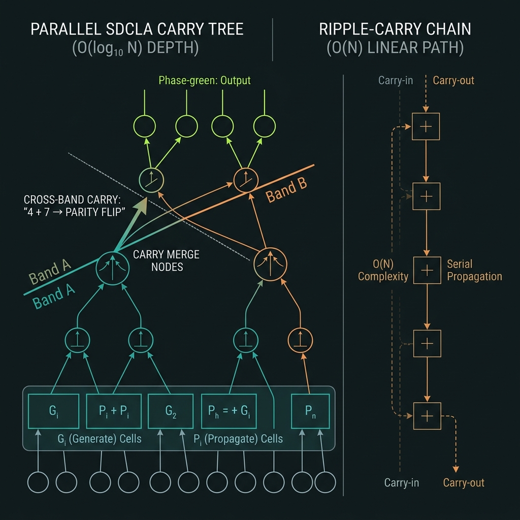 SDCLA carry tree O(log N) vs ripple O(N)
