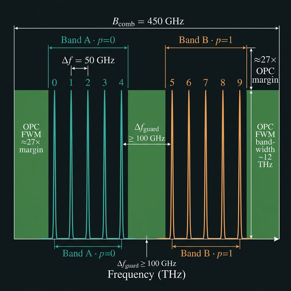 Dual-cluster 10-tooth comb spectrum with OPC margin
