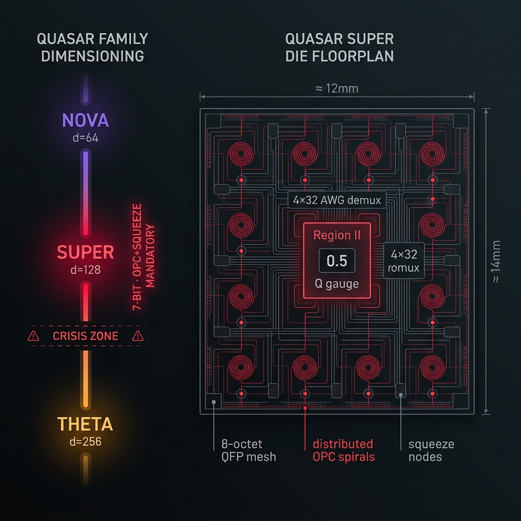 SUPER GF(128) hero panel with chip lineup and die floorplan