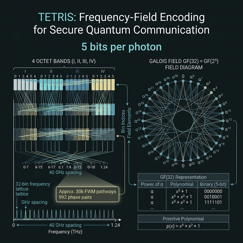 TETRIS encoding physics — 32 frequency bands with AWG skirt overlap and ~32k FWM pathway network