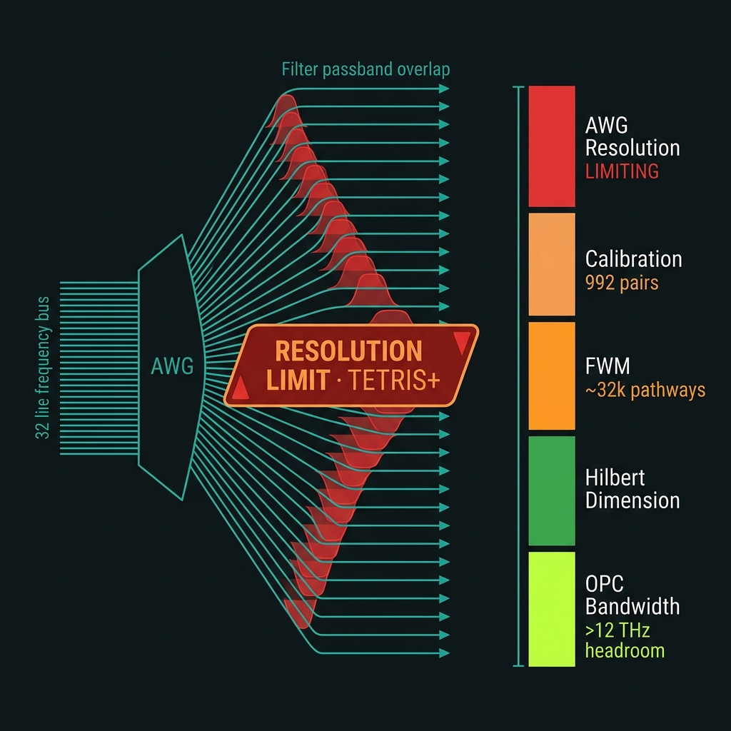 TETRIS AWG spectral routing with RESOLUTION LIMIT badge and limiting-factor waterfall chart