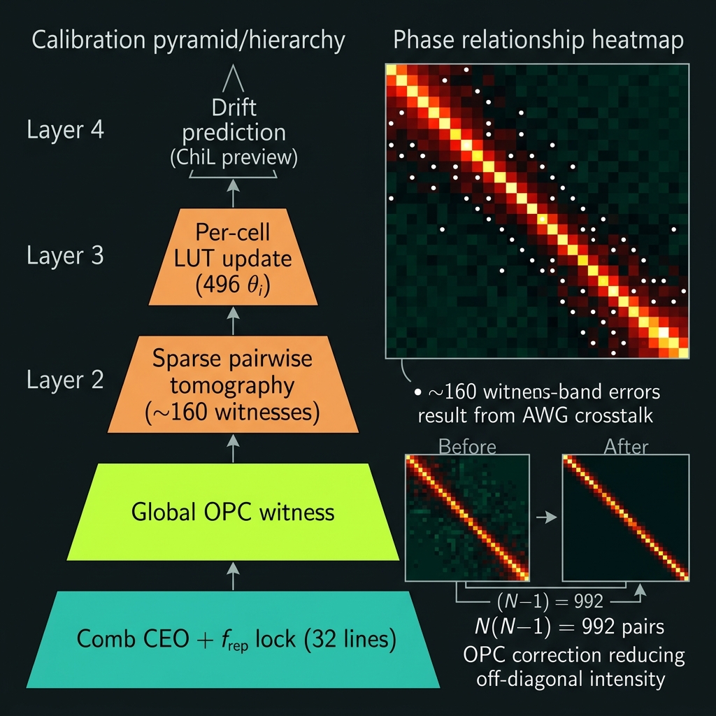 TETRIS calibration pyramid hierarchy and 32×32 phase relationship heatmap