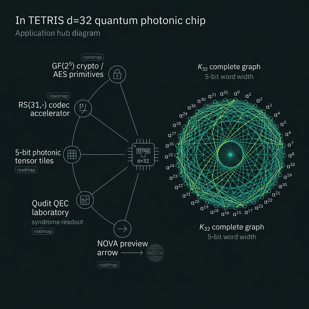 TETRIS application hub with GF(32) crypto, RS codec, tensor tiles, QEC lab, and 32-node synthetic lattice