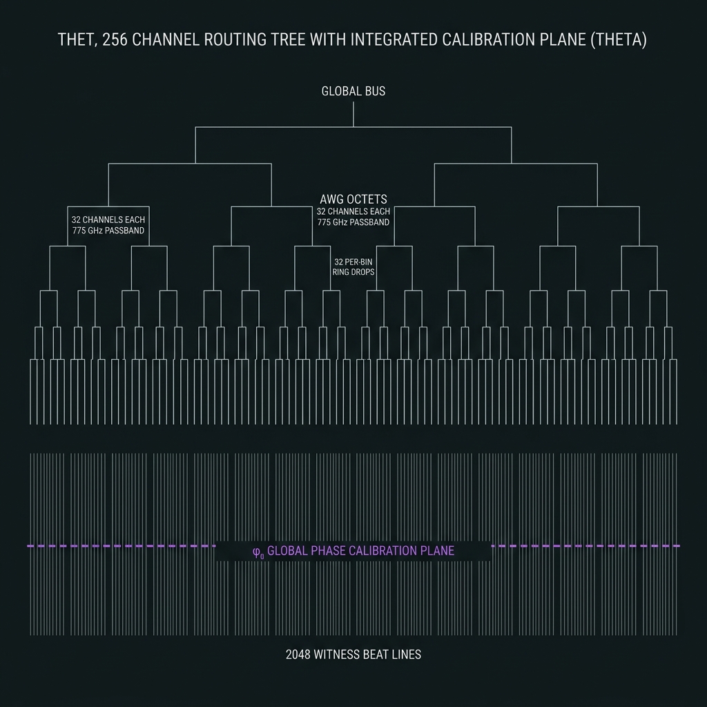 256-channel routing tree with calibration plane