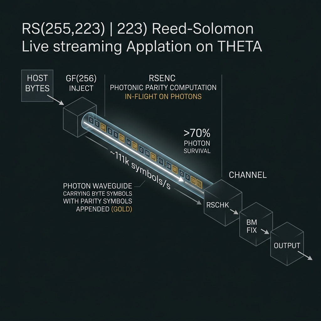 RS(255,223) streaming demo from byte stream through RSENC, channel, herald, RSCHK, and BM decode
