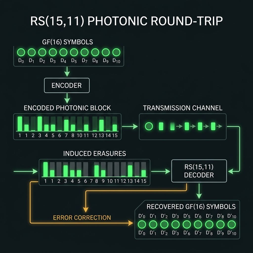 RS(15,11) photonic round-trip pilot