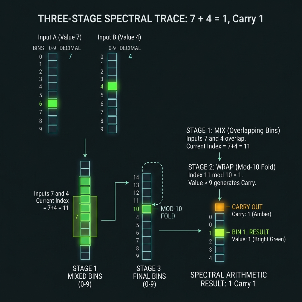 Spectral trace of decimal 7+4=1 with carry