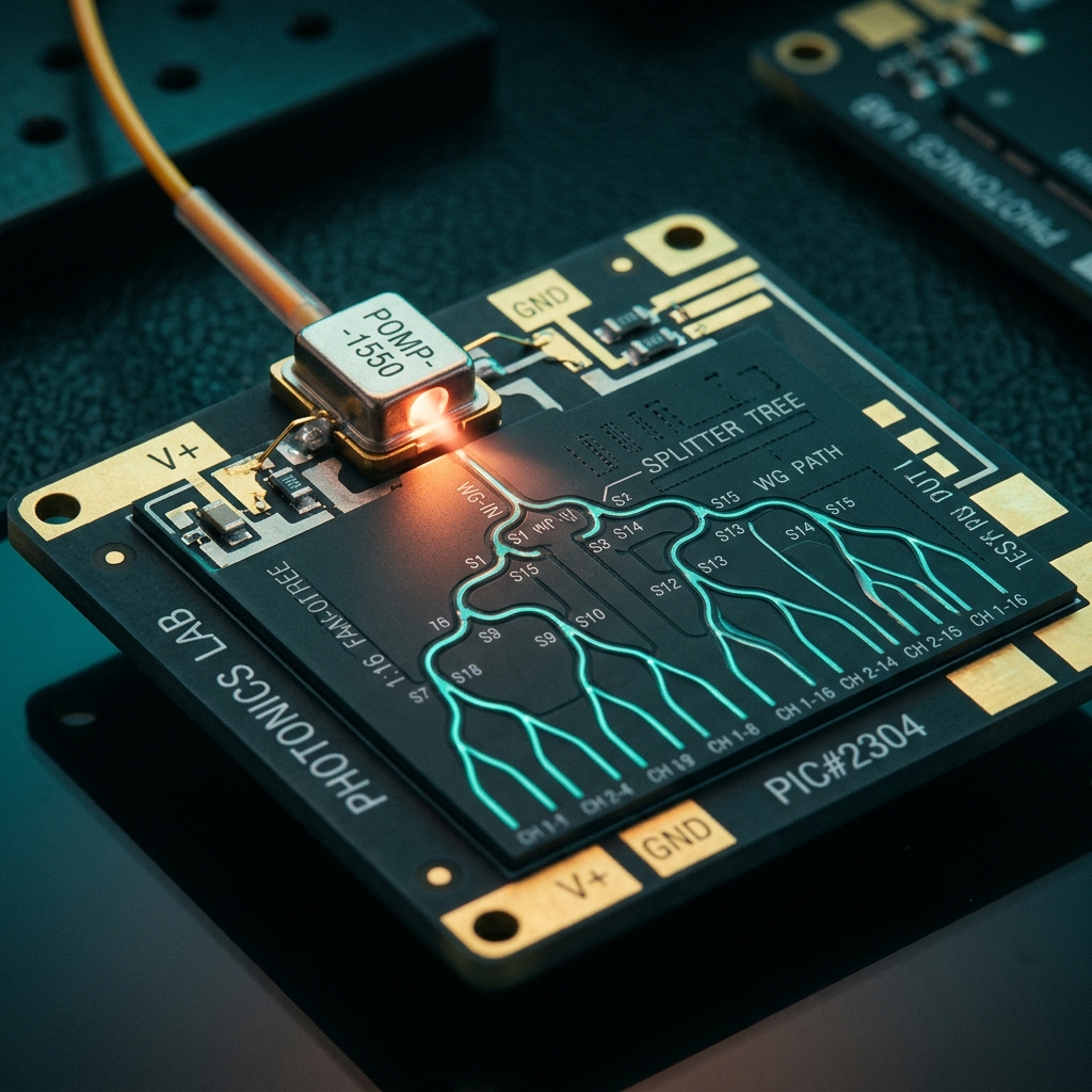 Fiber-coupled 1550 nm telecom pump laser feeding an on-chip distribution tree